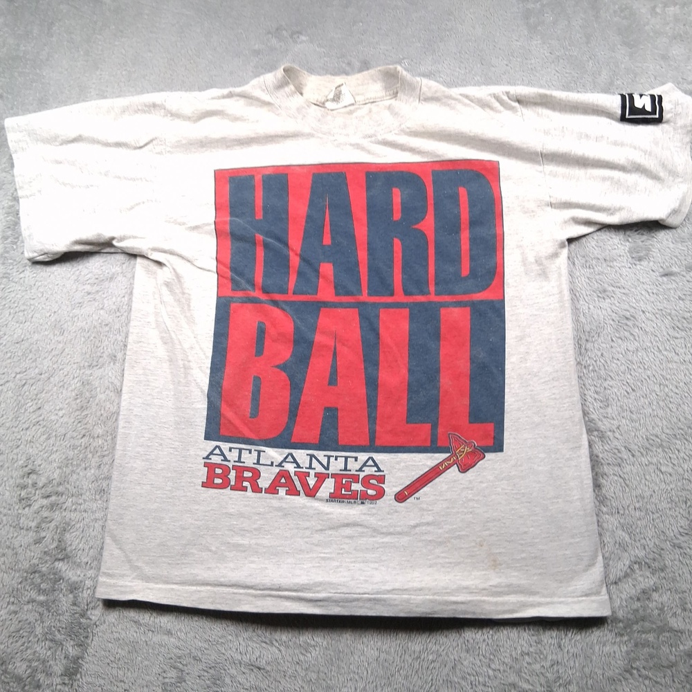 VINTAGE Atlanta Braves Starter Shirt Mens Medium Gray MLB Baseball Hard Ball 90s
